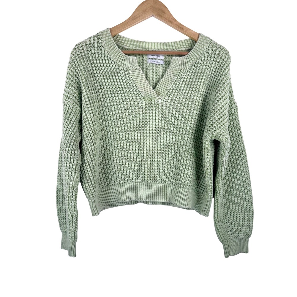 Haute Hippie cropped Sweater Sz M Green Boho Waffle Knit oversized